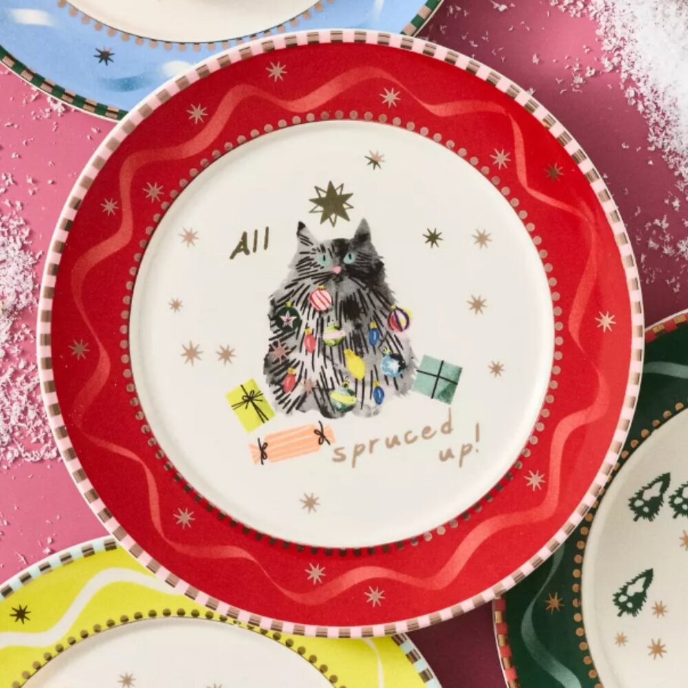 NIB Caroline Stoneware Holiday Dessert Plate Cat